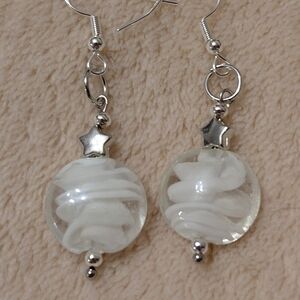Elegant White Swirl And Stars Glass Bauble Dangle Earrings